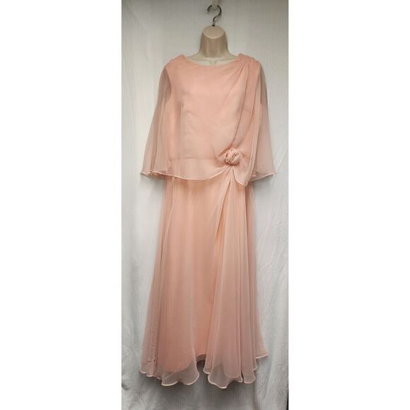 Vintage 70s Peach Formal Gown Maxi A-Line Chiffon Dress Size 14 - Picture 2 of 7